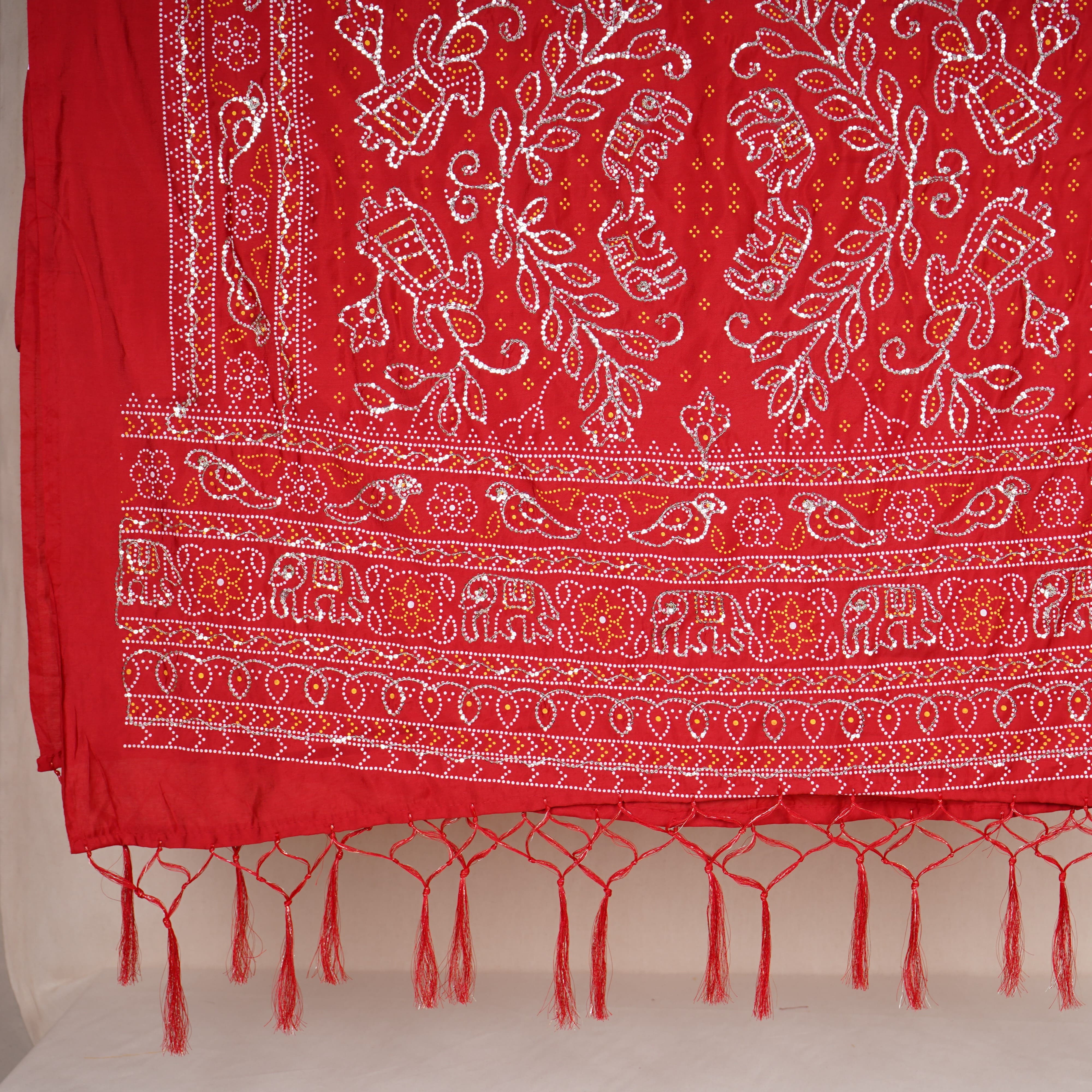 Red Bandhani Zari Sequin embroidery Cotton Silk Dupatta