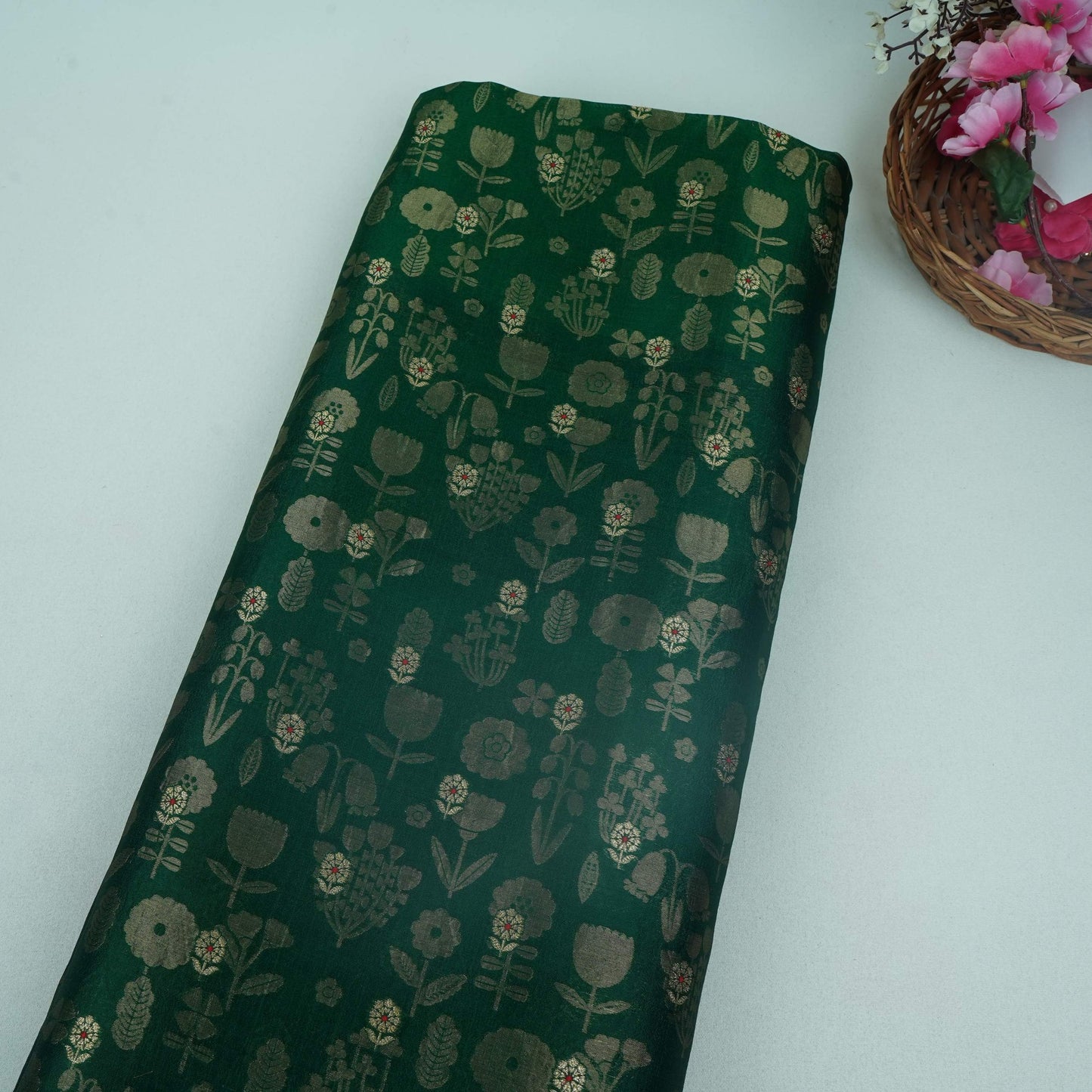 Dark Green Floral Zari Boota Dupion Silk Tissue Fabric YHF-32854