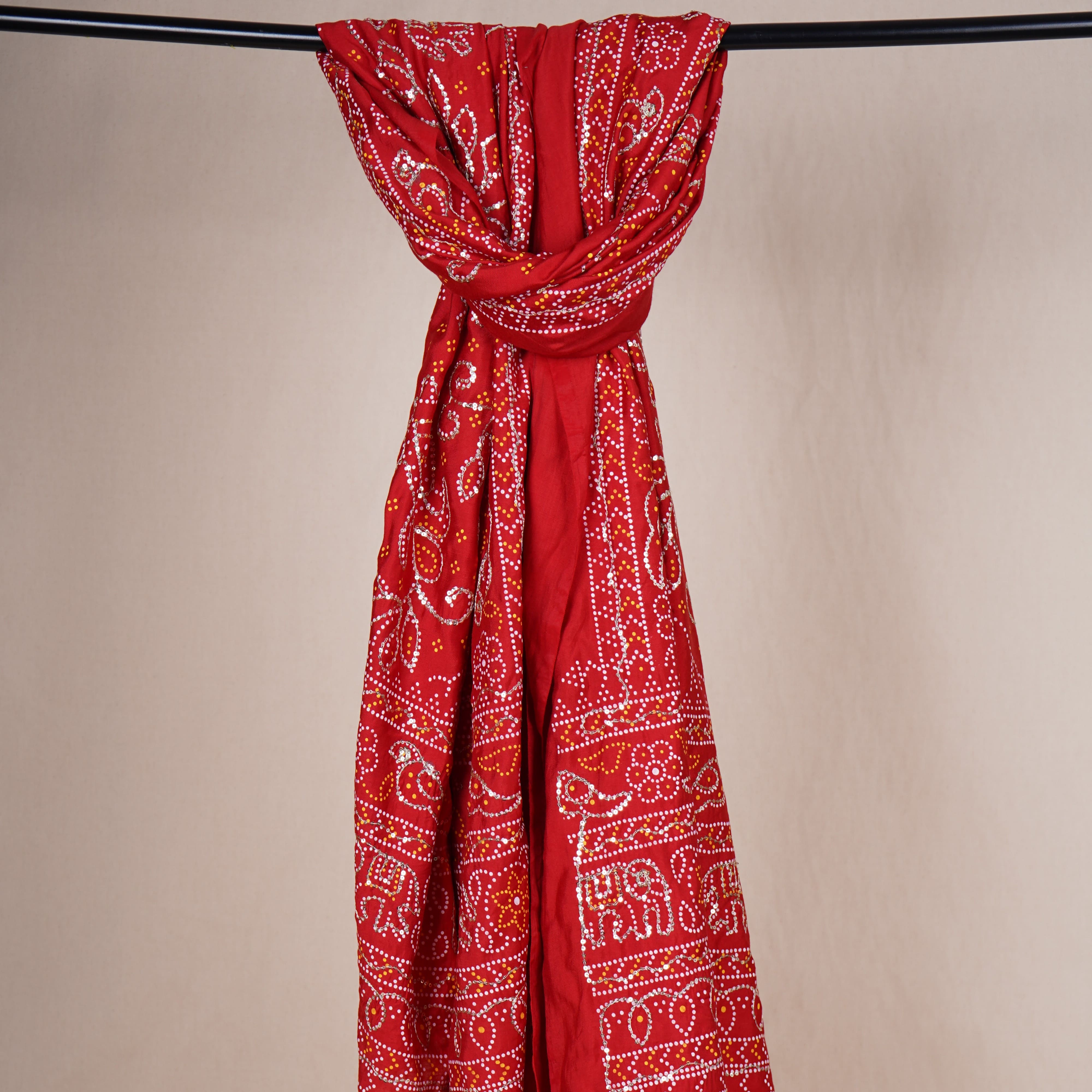 Red Bandhani Zari Sequin embroidery Cotton Silk Dupatta