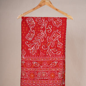 Red Bandhani Zari Sequin embroidery Cotton Silk Dupatta