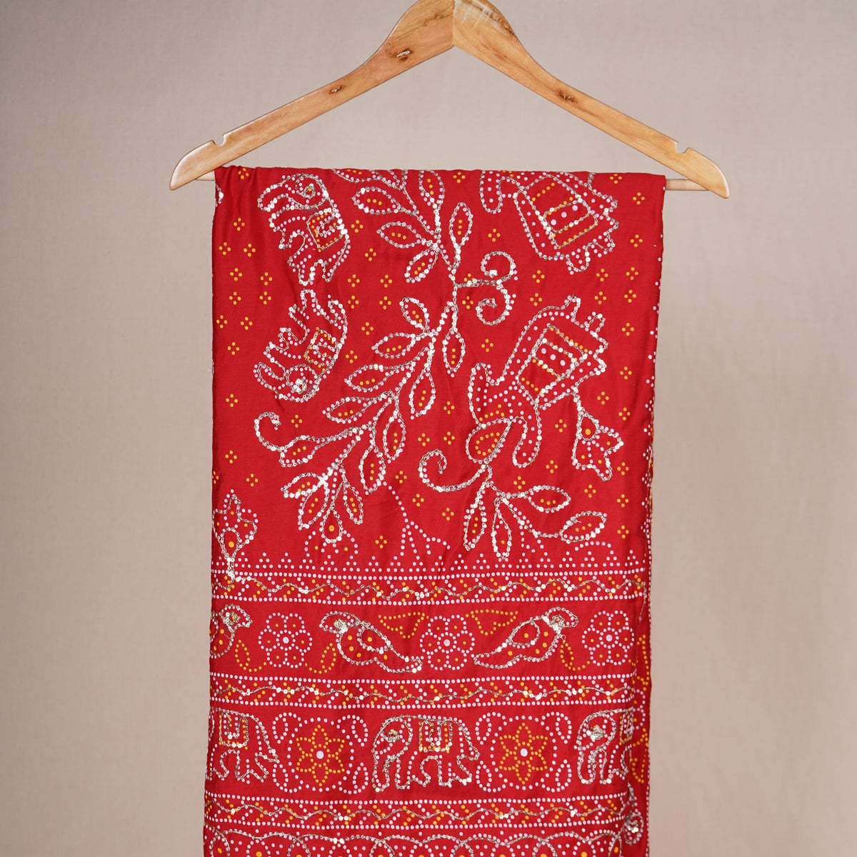 Red Bandhani Zari Sequin embroidery Cotton Silk Dupatta