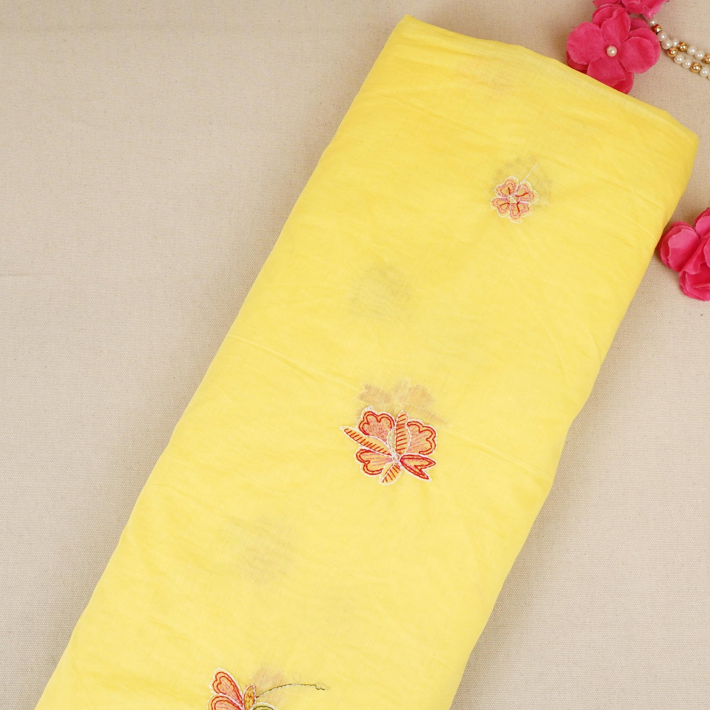 Lemon Yellow floral embroidery Mul Chanderi Fabric DC-29683
