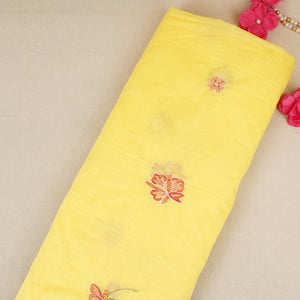Lemon Yellow floral embroidery Mul Chanderi Fabric DC-29683 - TradeUNO