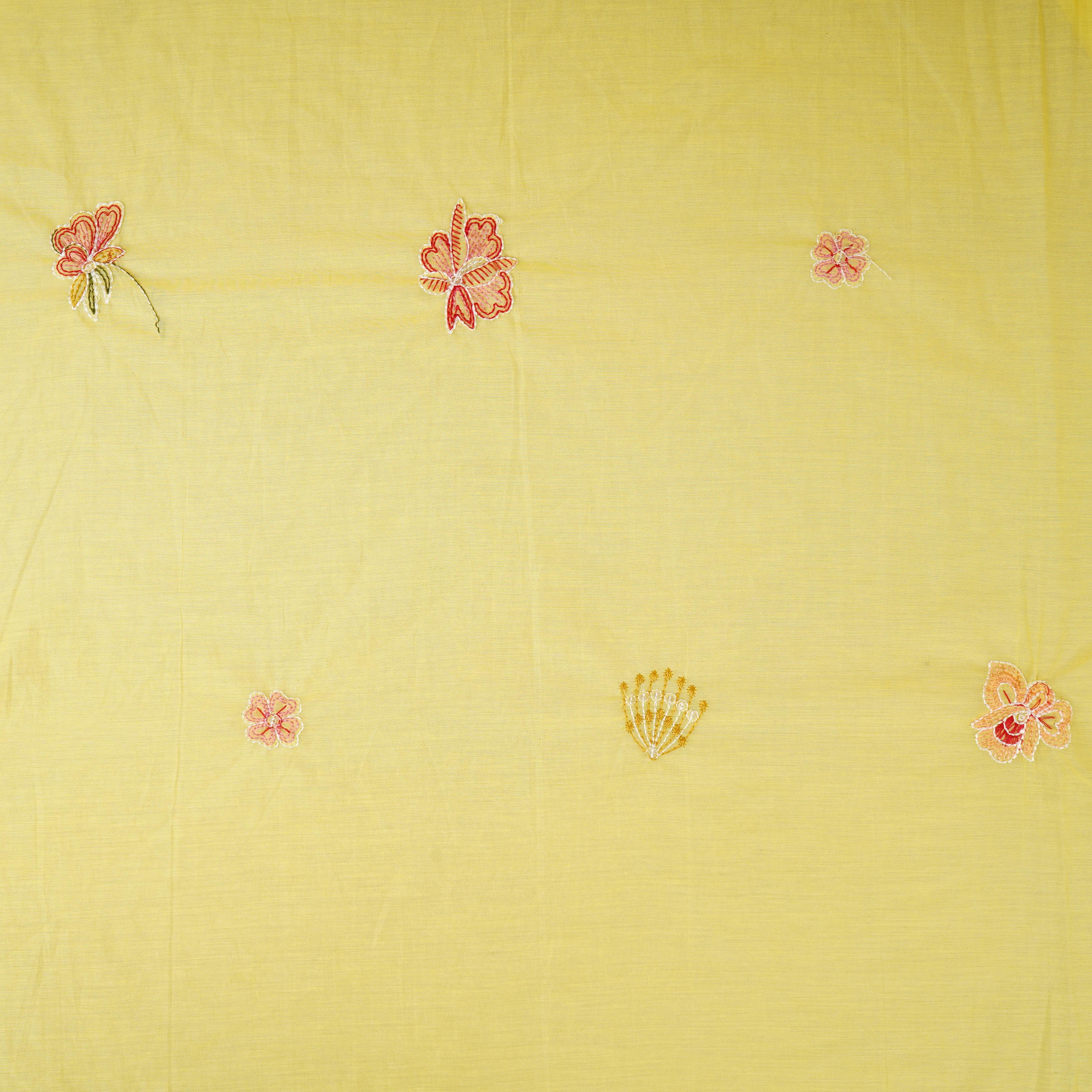 Lemon Yellow floral embroidery Mul Chanderi Fabric DC-29683 - TradeUNO