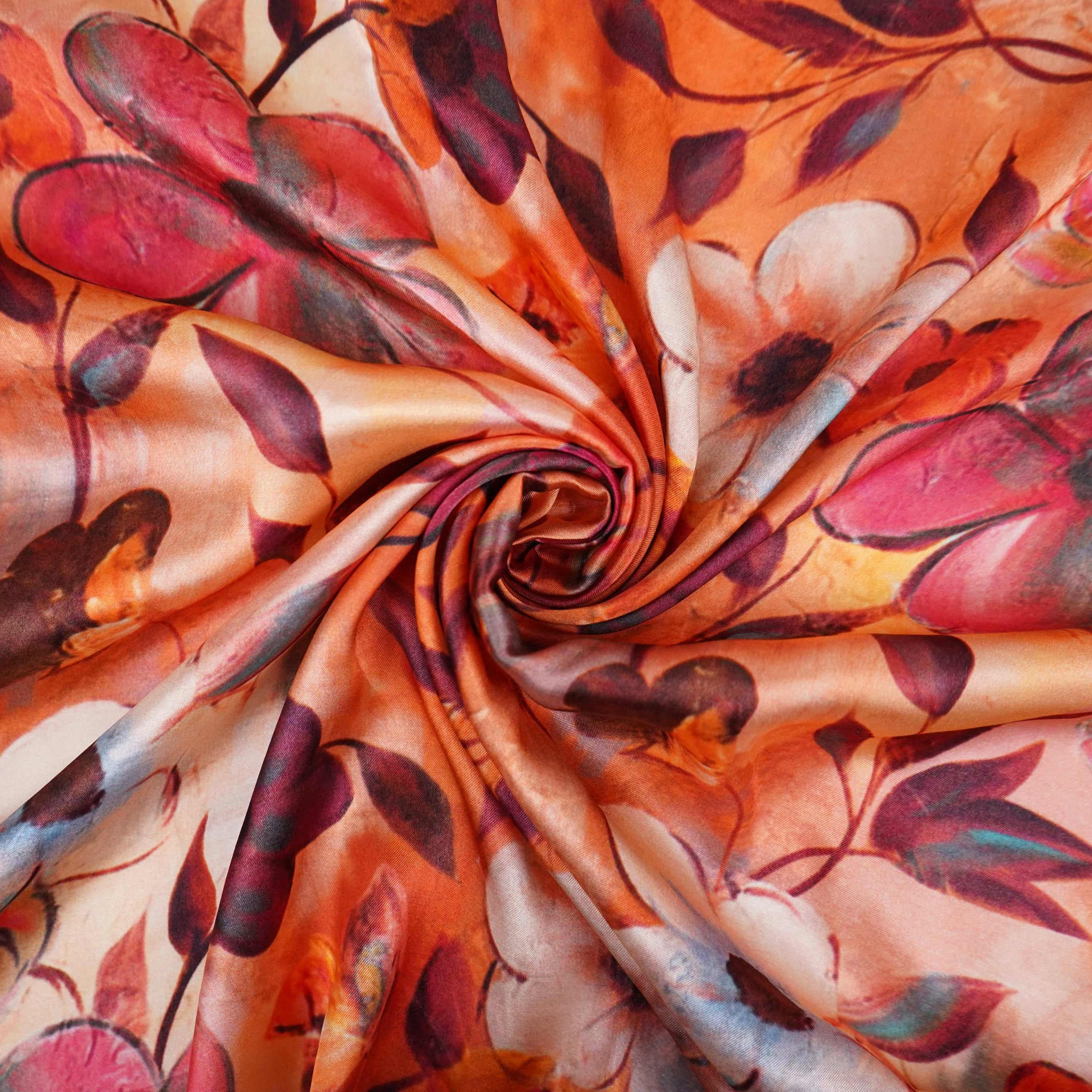 Orange floral print Bemberg Modal Silk Fabric KTP-31412 - TradeUNO
