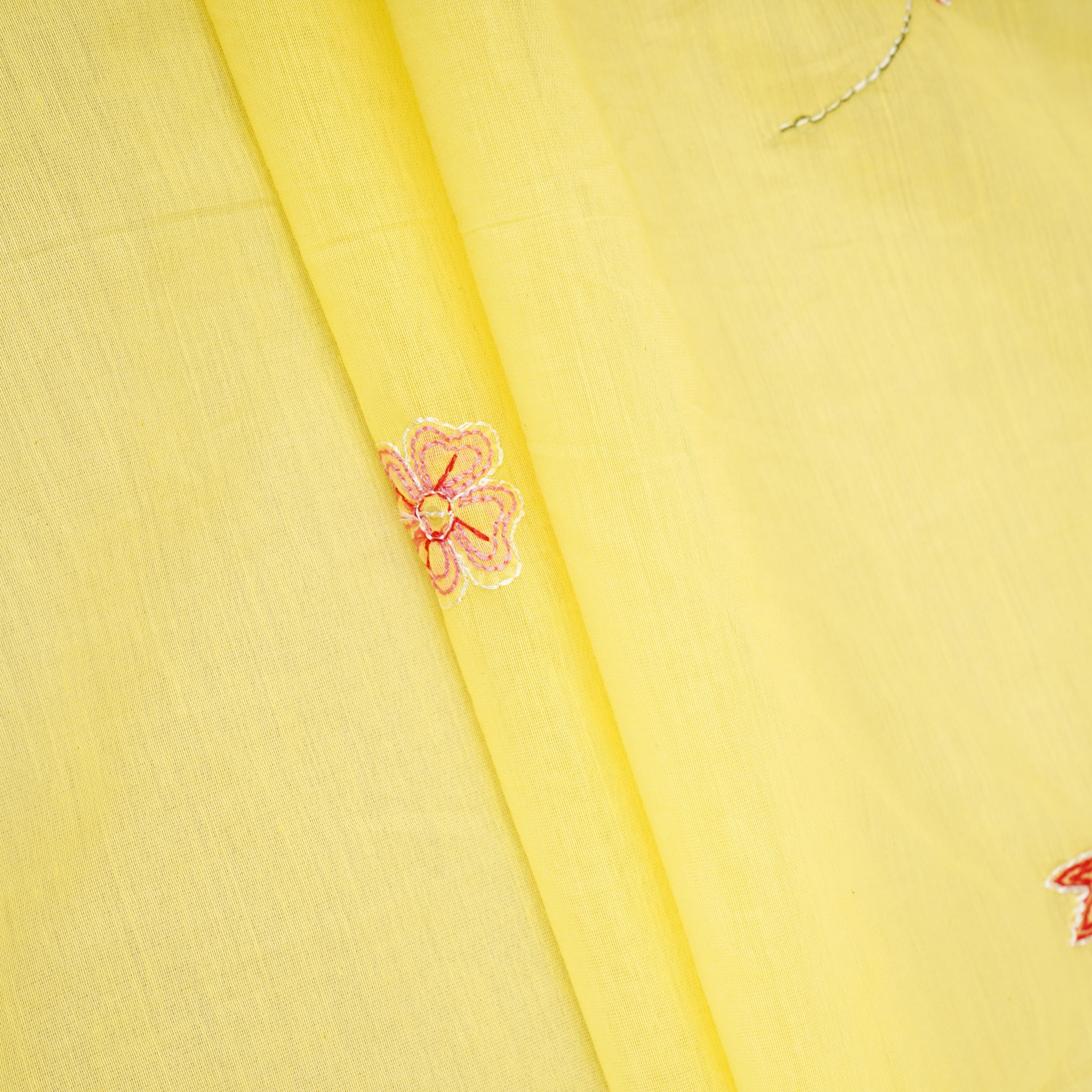 Lemon Yellow floral embroidery Mul Chanderi Fabric DC-29683 - TradeUNO