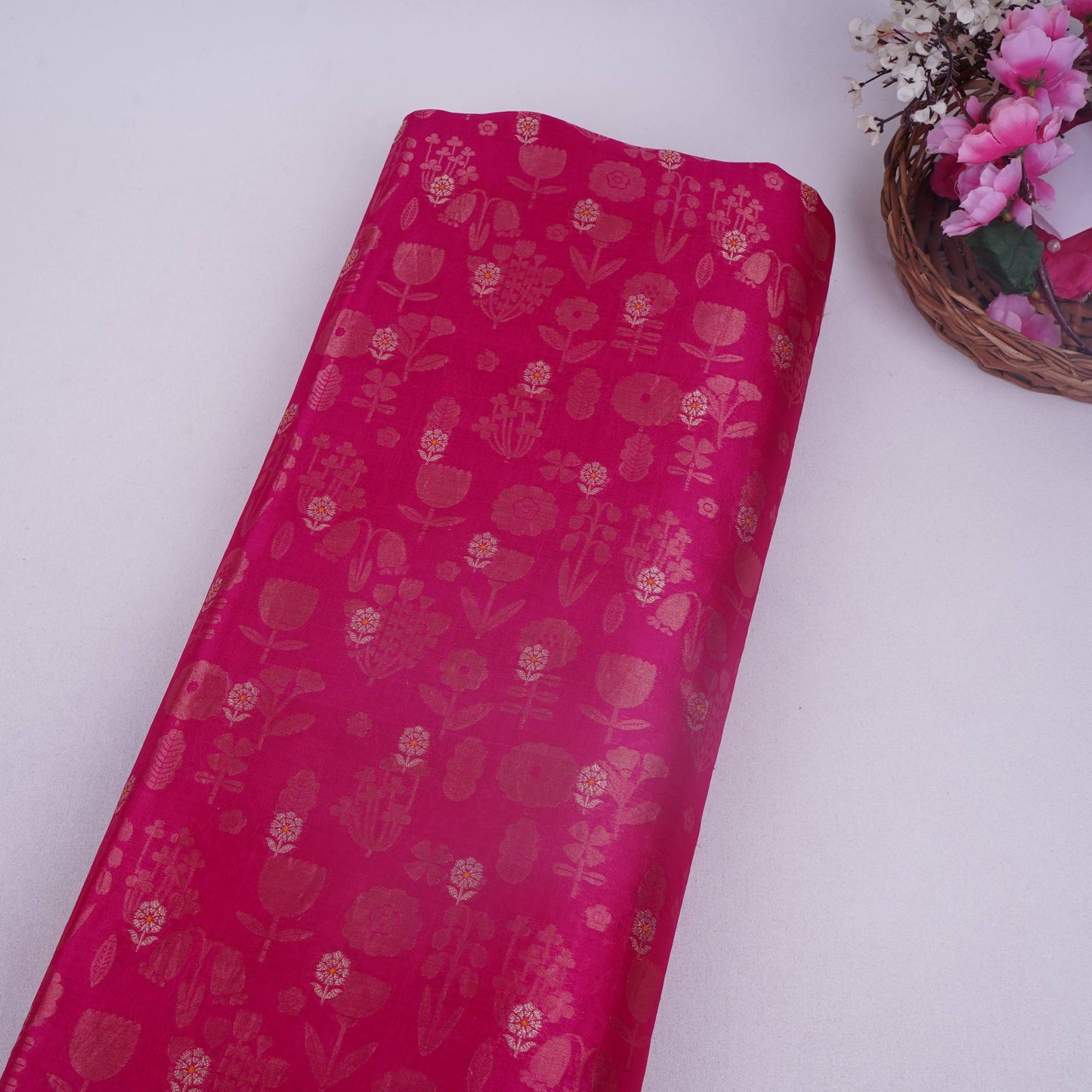 Pink Floral Zari Boota Dupion Silk Tissue Fabric YHF-32852