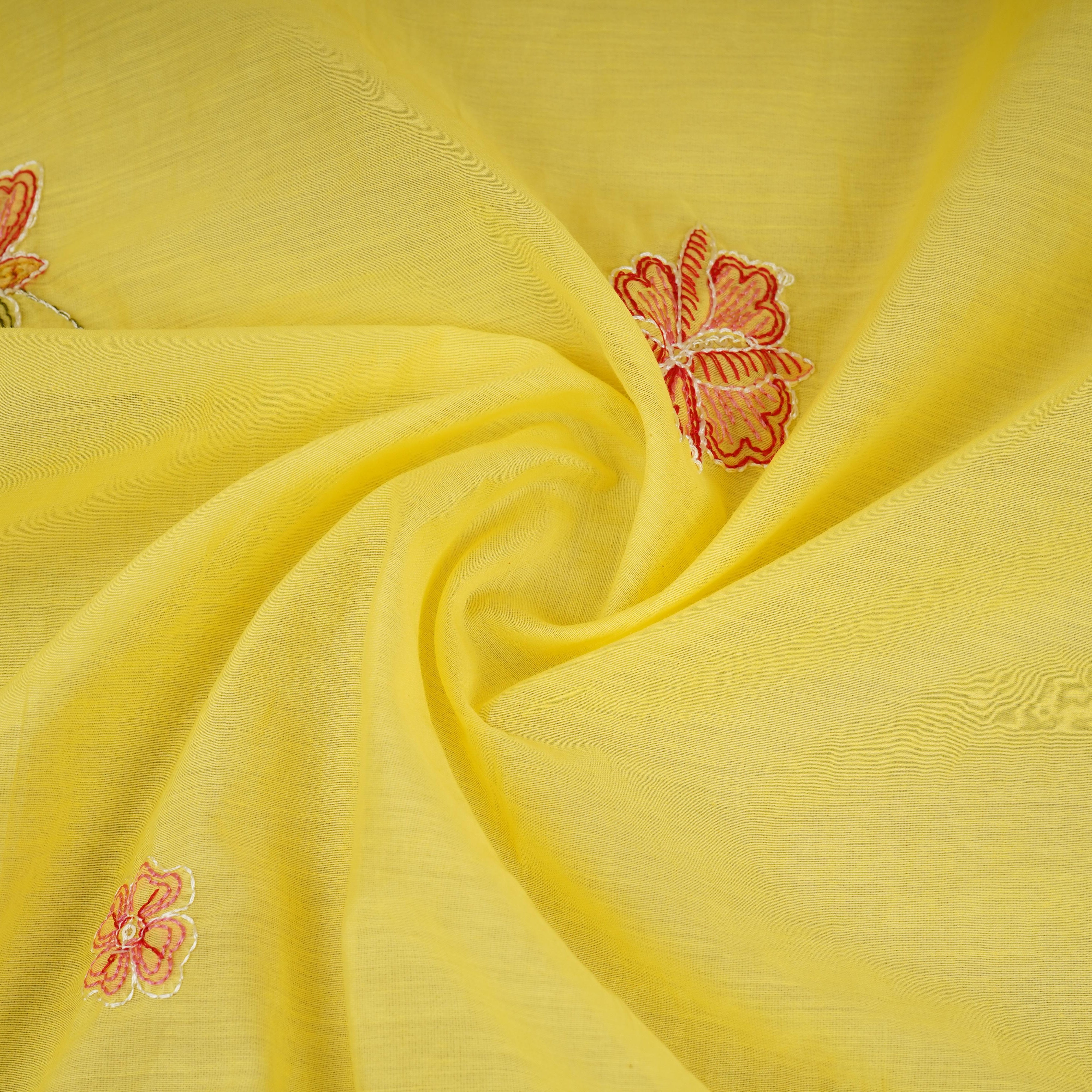 Lemon Yellow floral embroidery Mul Chanderi Fabric DC-29683 - TradeUNO