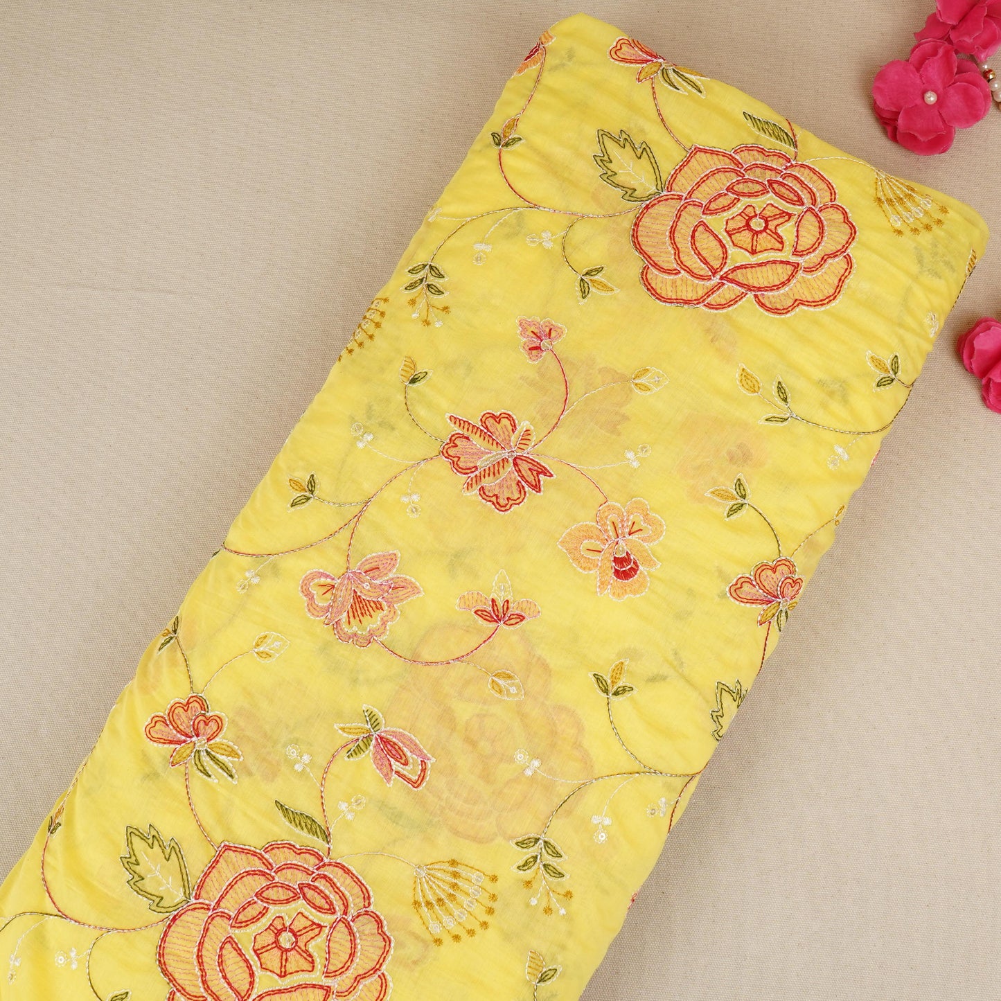 Lemon Yellow Aari embroidery Mul Chanderi Fabric DC-29682