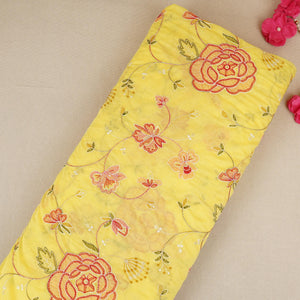 Lemon Yellow Aari embroidery Mul Chanderi Fabric DC-29682 - TradeUNO