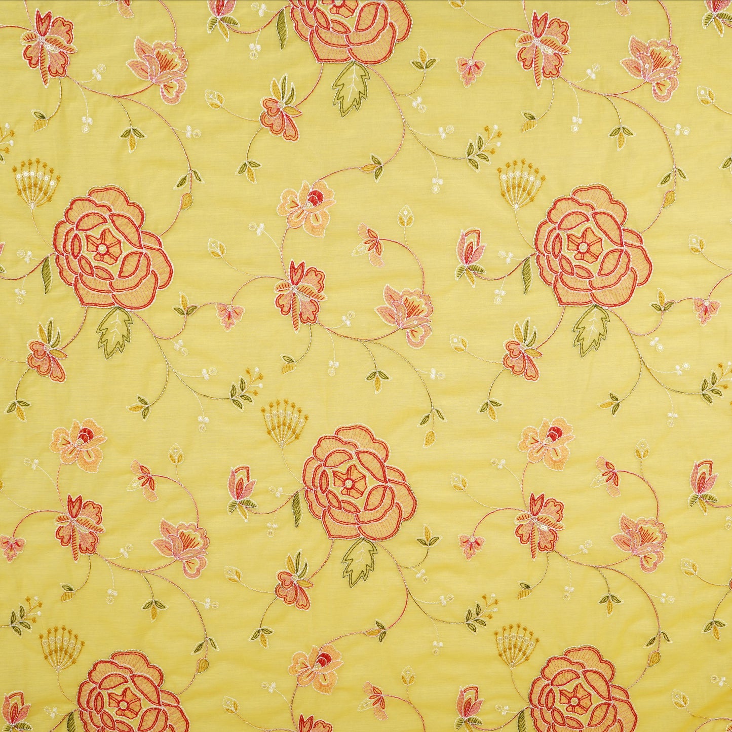 Lemon Yellow Aari embroidery Mul Chanderi Fabric DC-29682