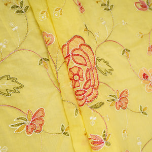 Lemon Yellow Aari embroidery Mul Chanderi Fabric DC-29682 - TradeUNO