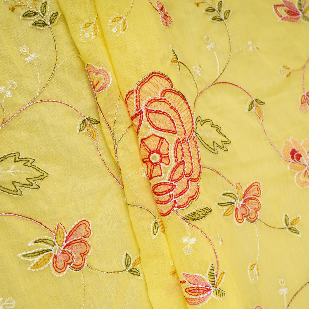 Lemon Yellow Aari embroidery Mul Chanderi Fabric DC-29682 - TradeUNO