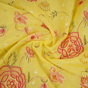 Lemon Yellow Aari embroidery Mul Chanderi Fabric DC-29682 - TradeUNO