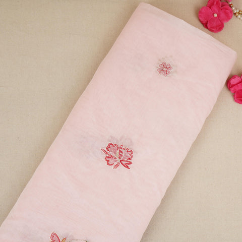 Baby Pink floral embroidery Mul Chanderi Fabric DC-29685