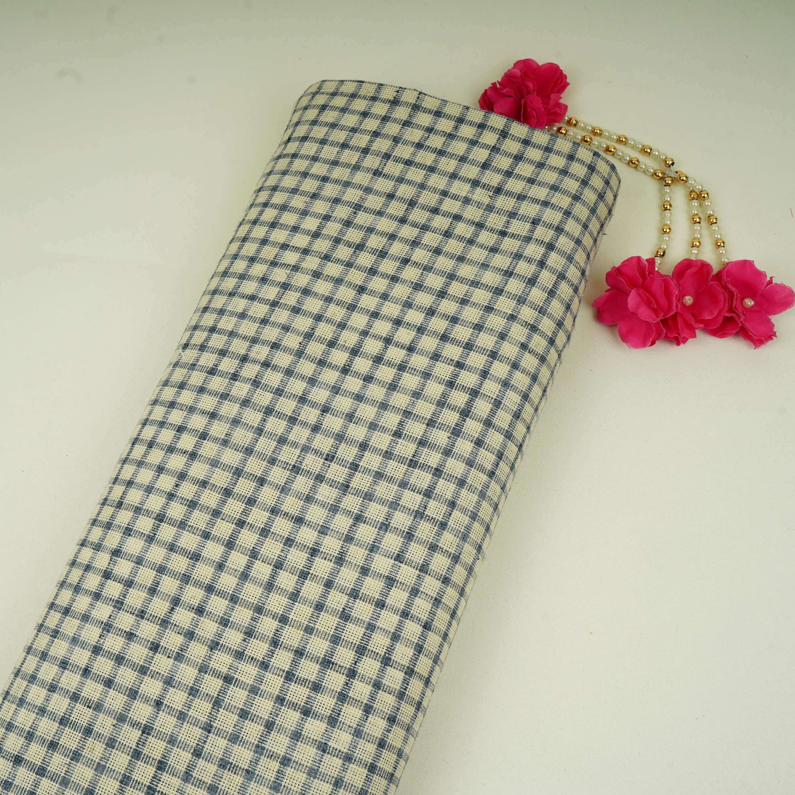 Blue with Cream Check Linen Denim Fabric RS-31217 - TradeUNO