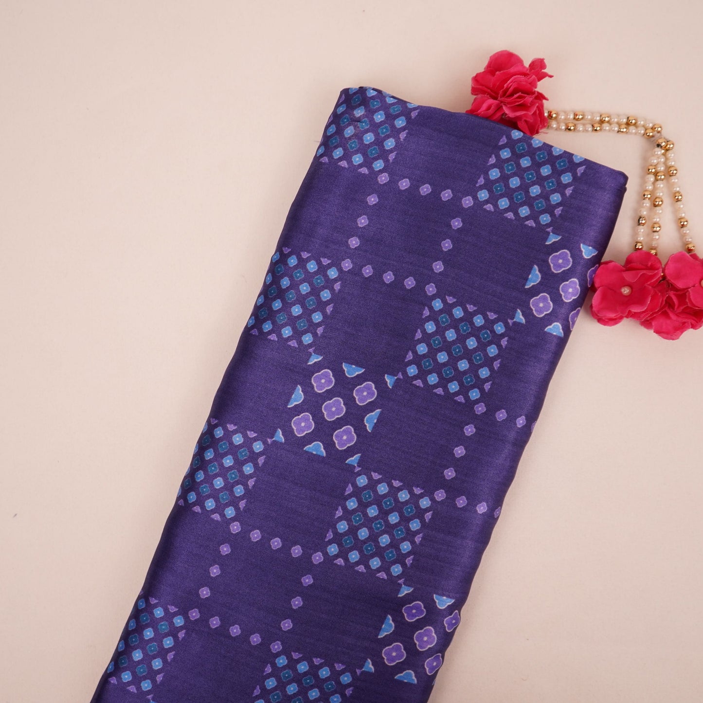 Royal Blue Geometrical Bandhani print Bemberg Modal Silk Fabric KTP-31423