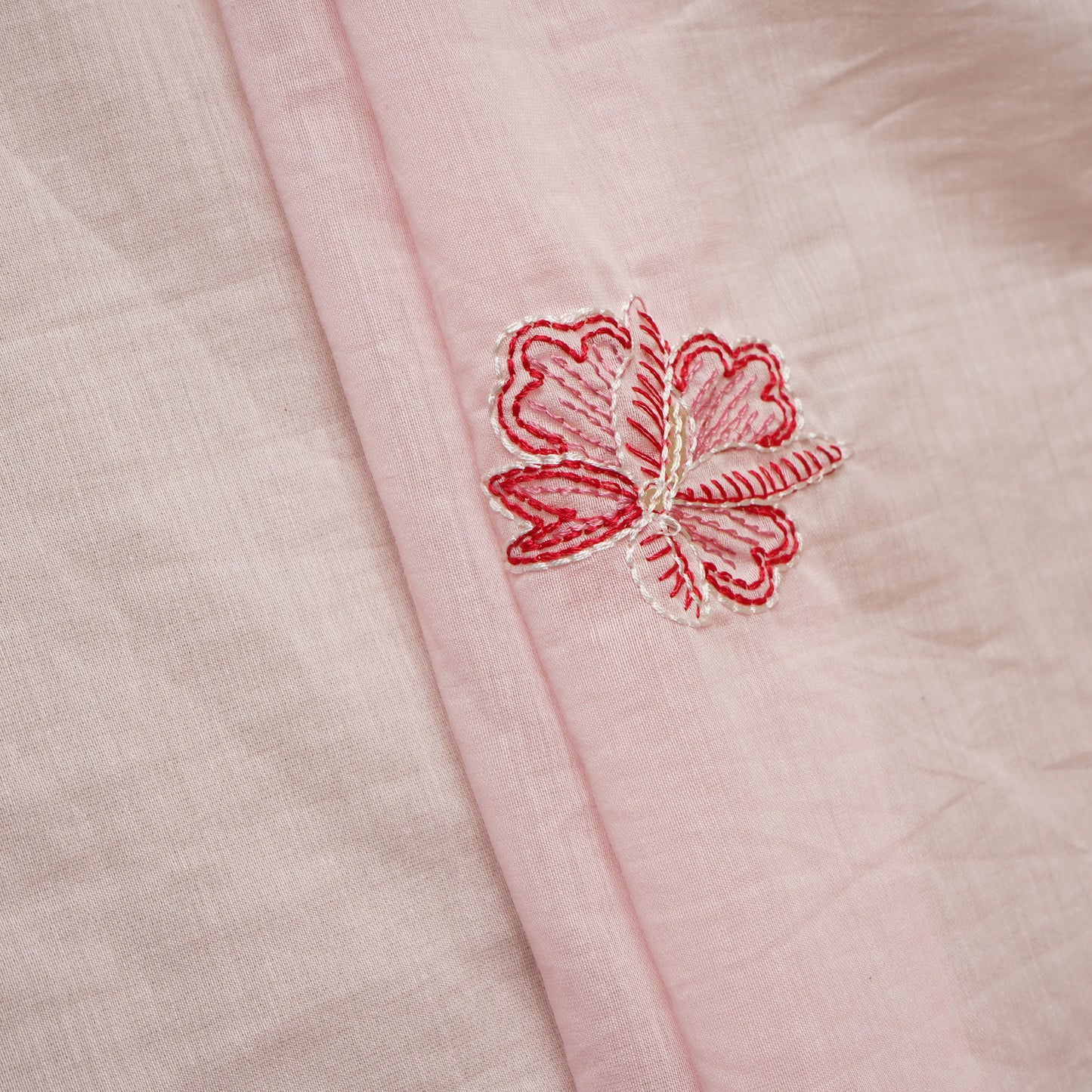 Baby Pink floral embroidery Mul Chanderi Fabric DC-29685