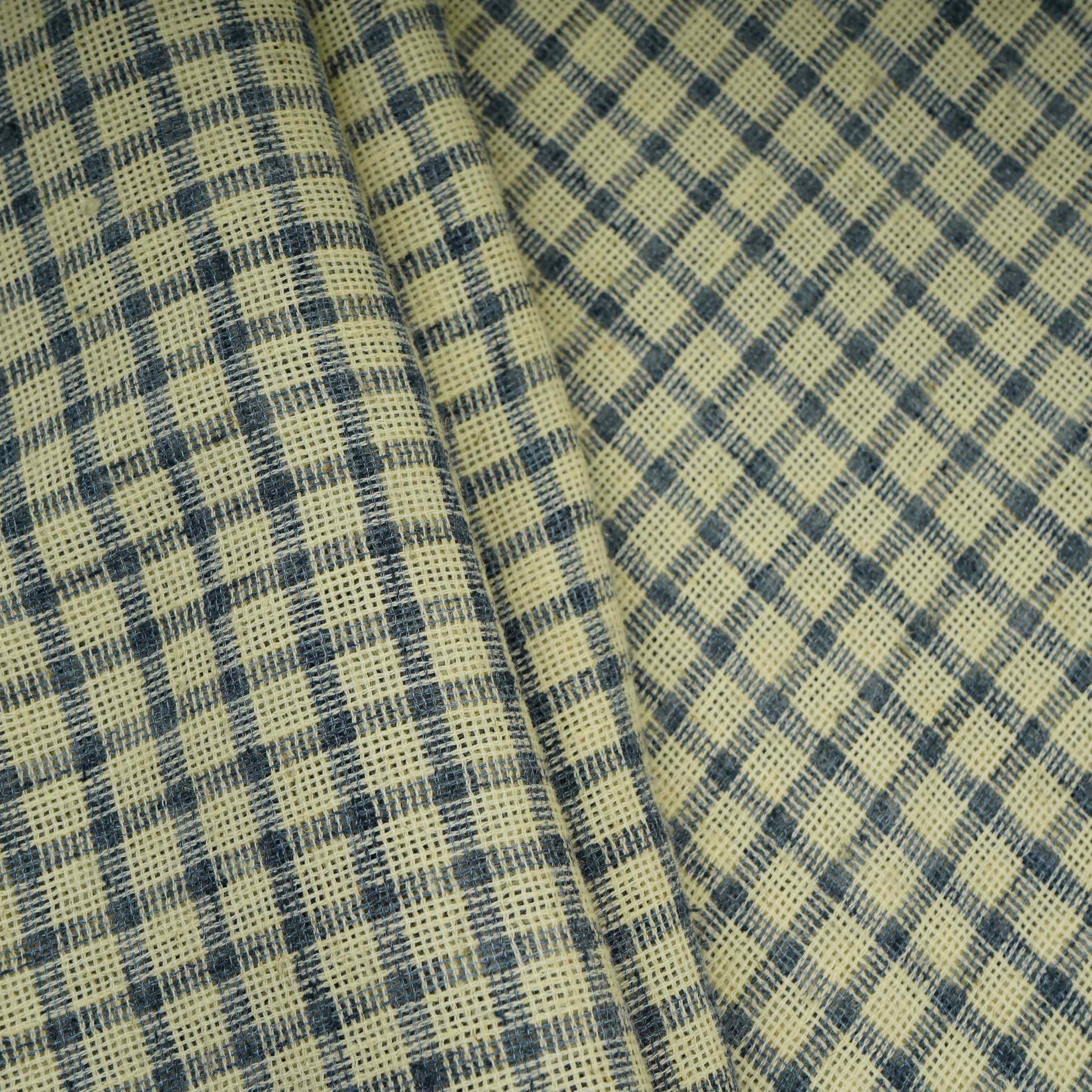 Blue with Cream Check Linen Denim Fabric RS-31217 - TradeUNO