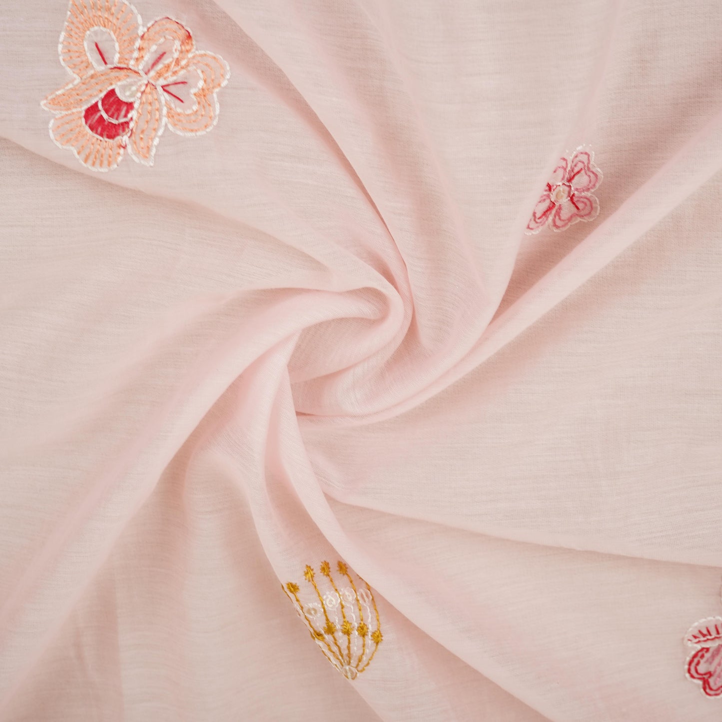 Baby Pink floral embroidery Mul Chanderi Fabric DC-29685