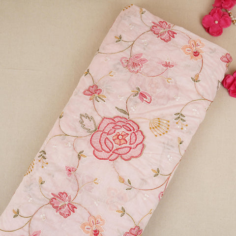 Baby Pink Aari embroidery Mul Chanderi Fabric DC-29684