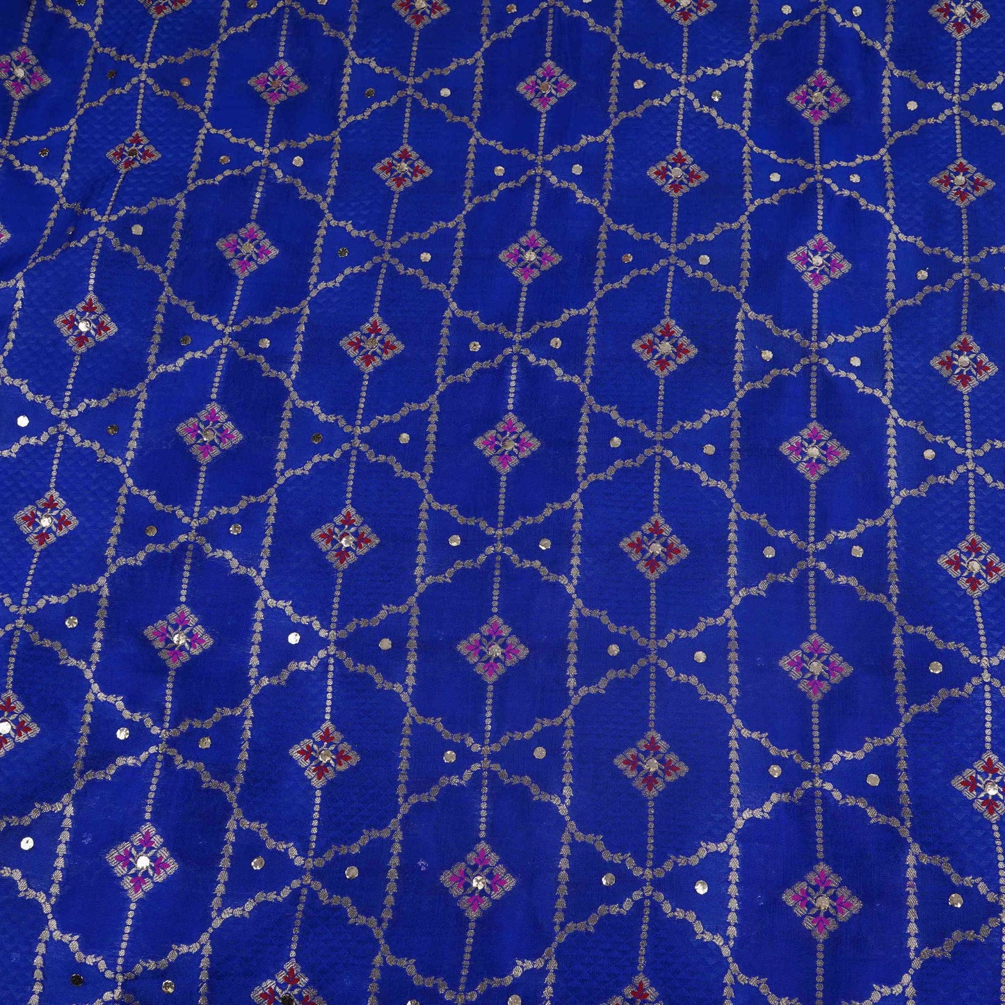 Royal Blue Mukesh Work with Jacquard Dupion Silk Tissue Fabric YHF-32825