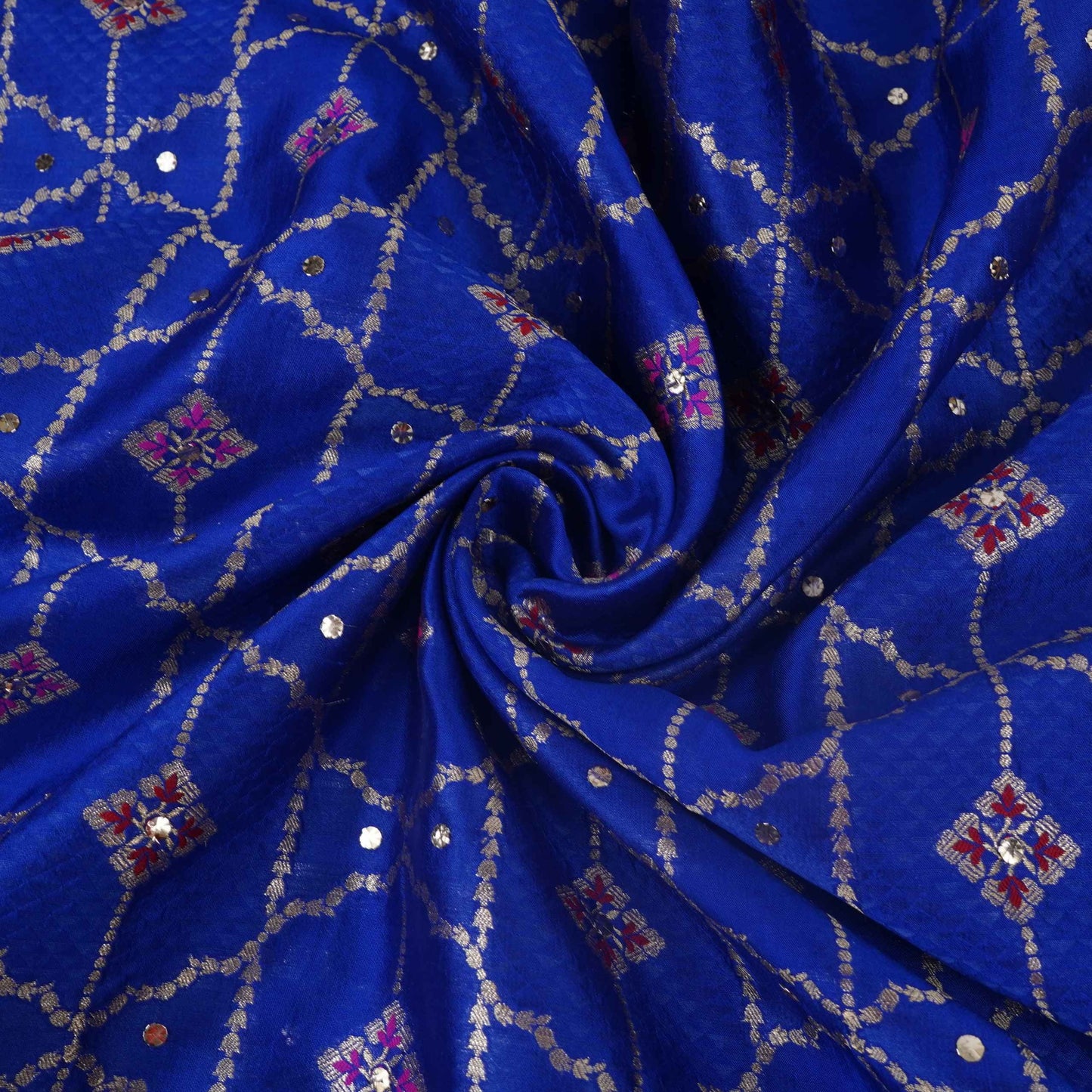 Royal Blue Mukesh Work with Jacquard Dupion Silk Tissue Fabric YHF-32825