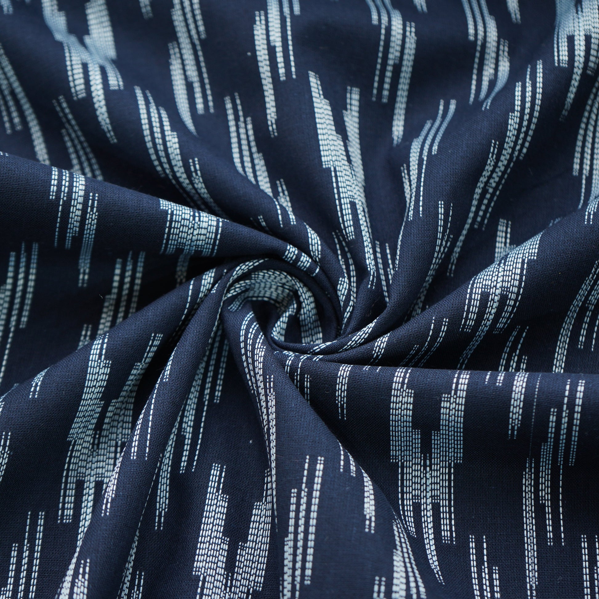 Dark Blue & White Ikkat Print Cotton Fabric