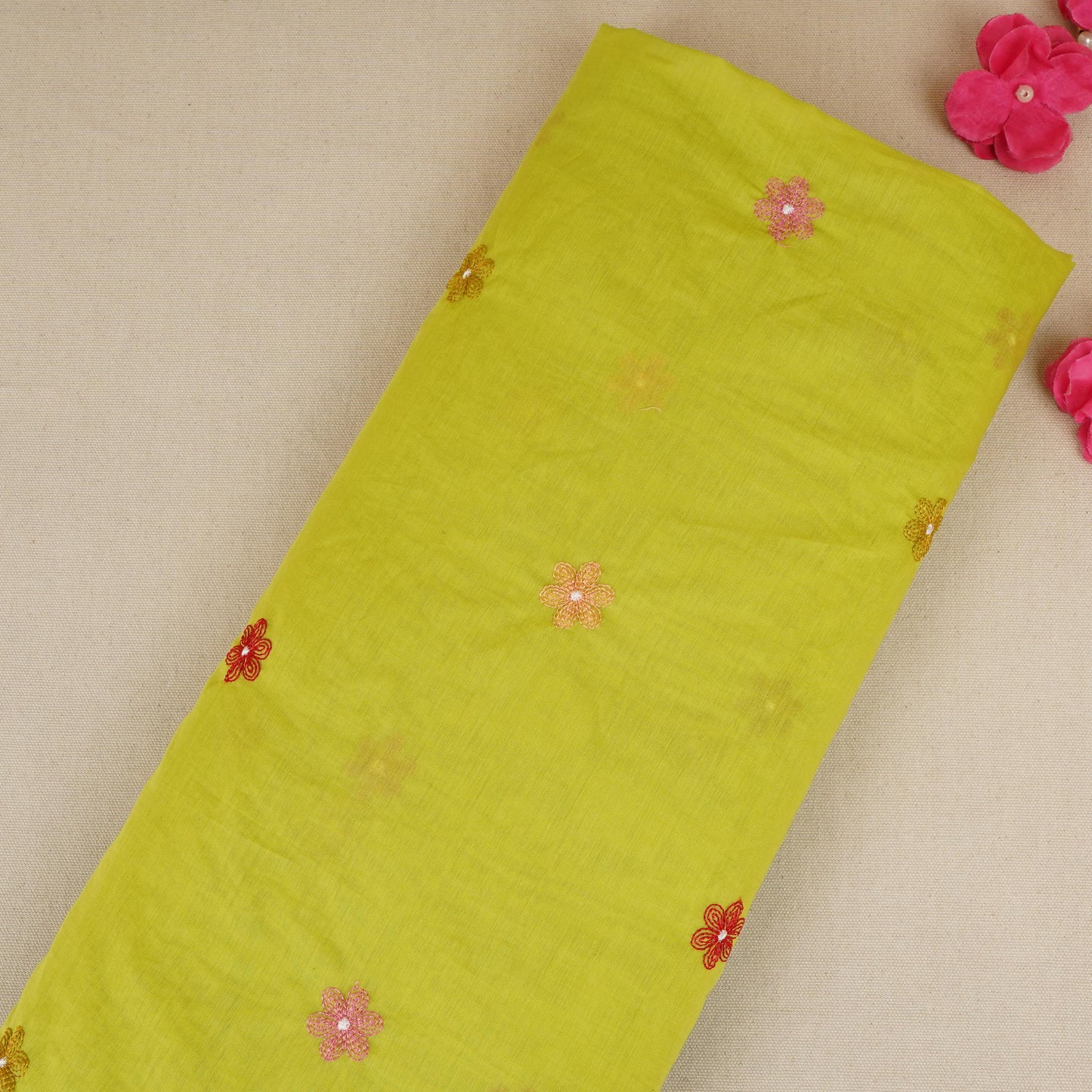 Parrot floral embroidery motif Mul Chanderi Fabric DC-29677
