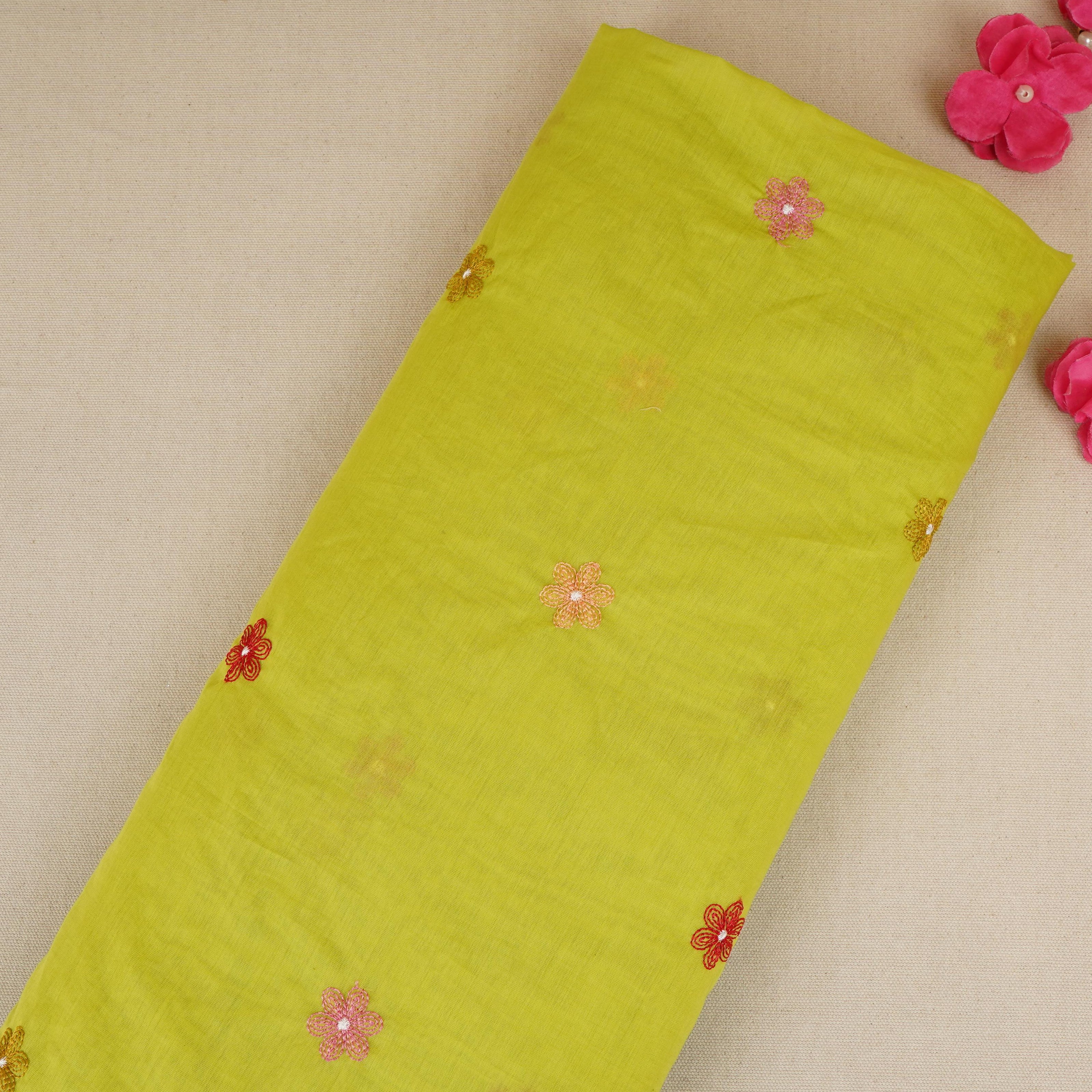 Parrot floral embroidery motif Mul Chanderi Fabric DC-29677 - TradeUNO