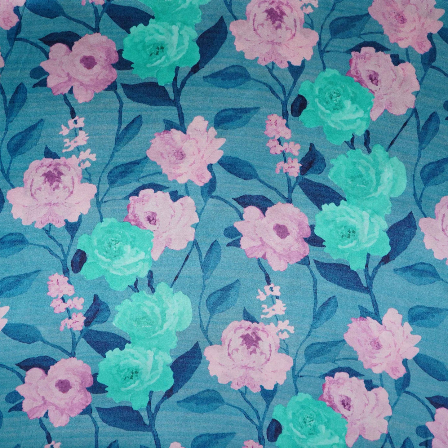 Teal Blue floral print Bemberg Modal Silk Fabric KTP-31408