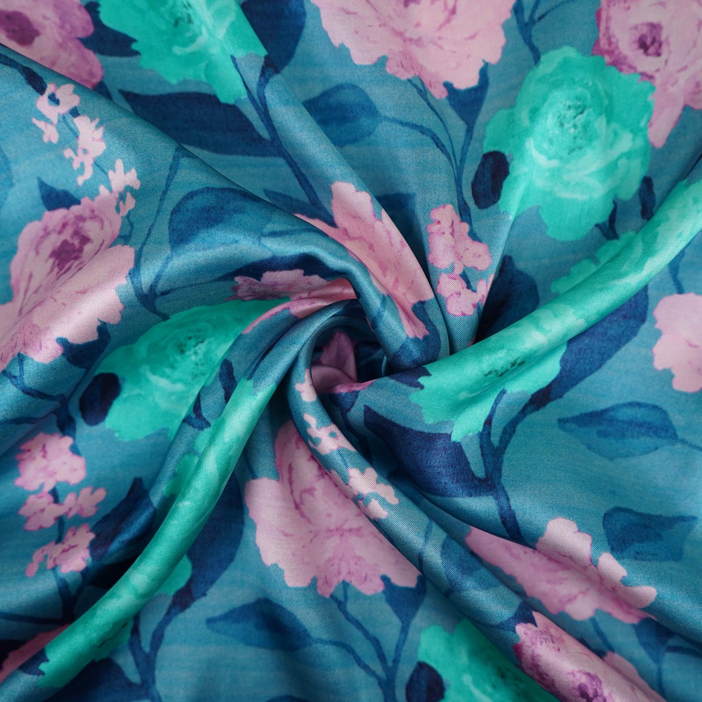 Teal Blue floral print Bemberg Modal Silk Fabric KTP-31408