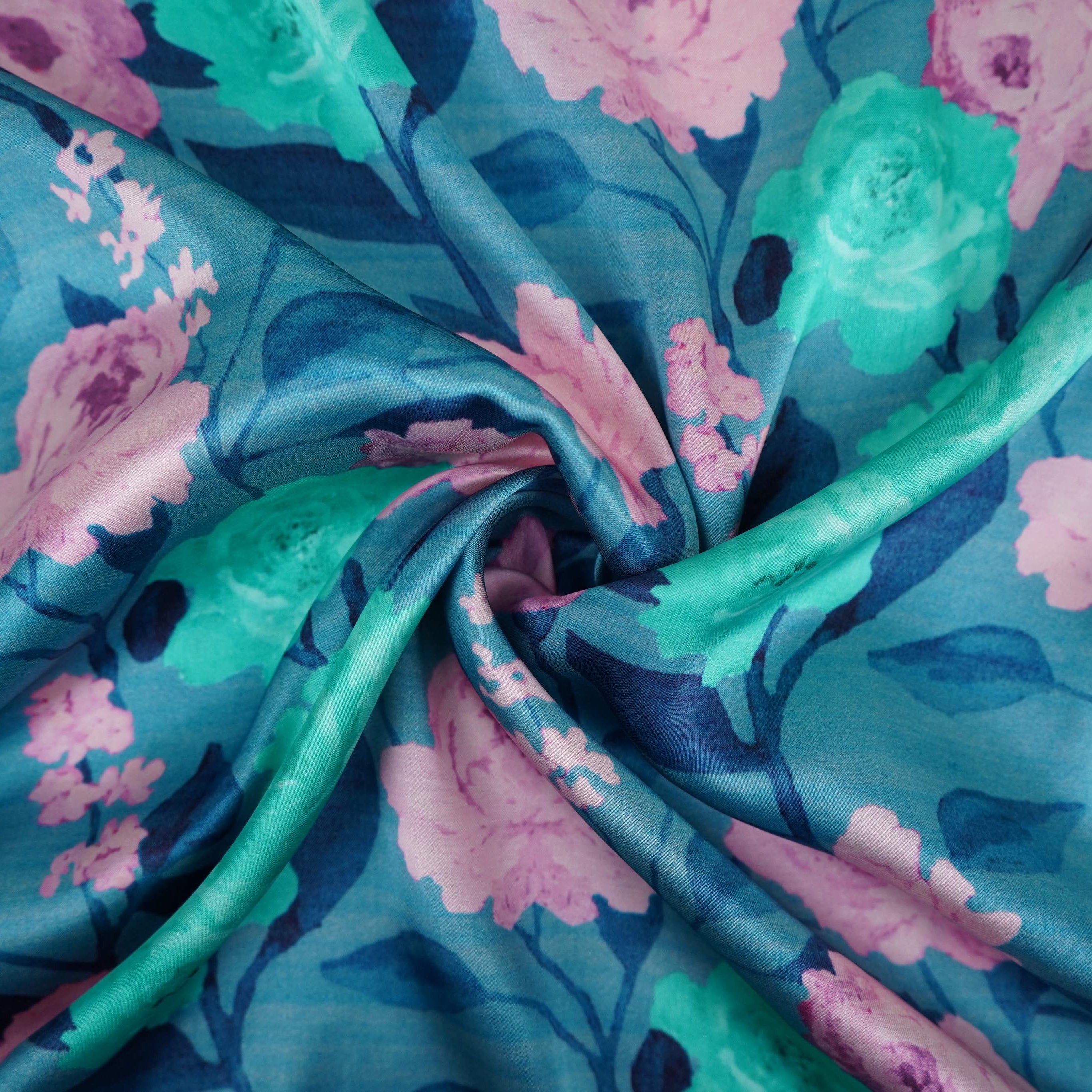 Teal Blue floral print Bemberg Modal Silk Fabric KTP-31408 - TradeUNO