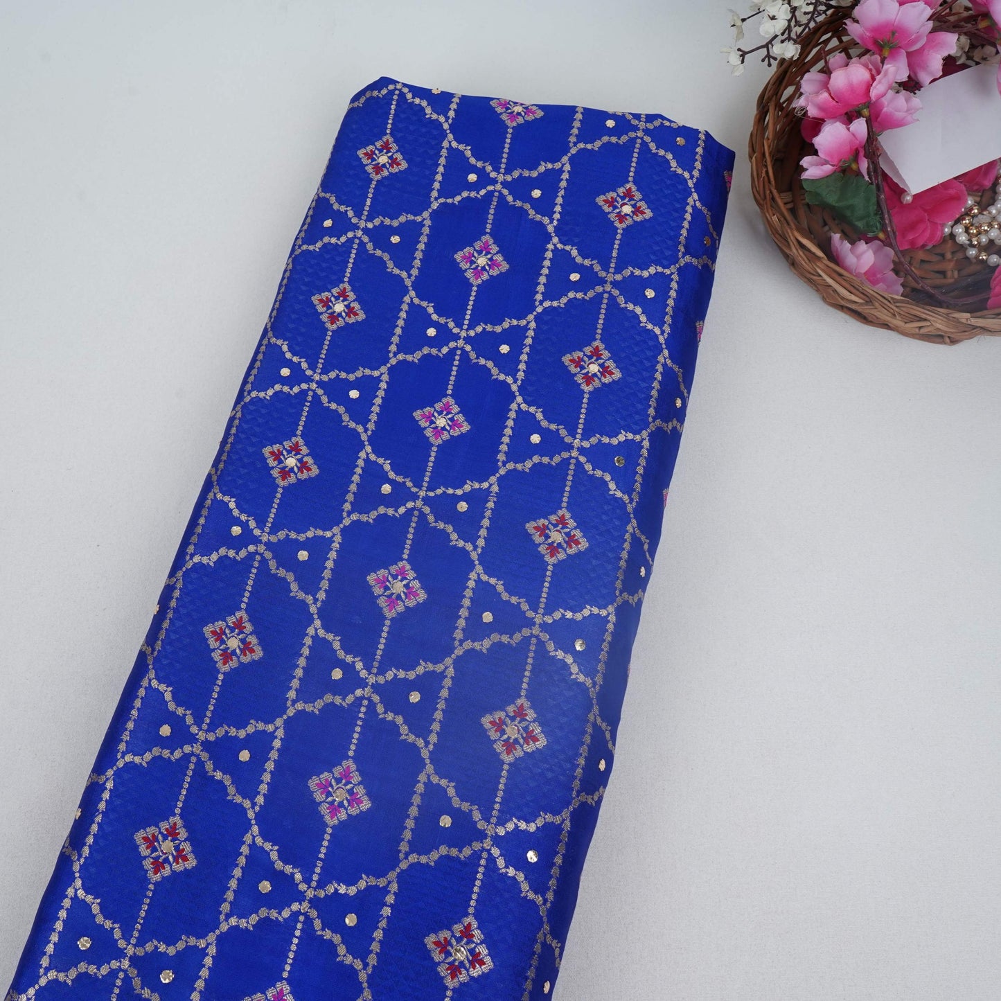 Royal Blue Mukesh Work with Jacquard Dupion Silk Tissue Fabric YHF-32825