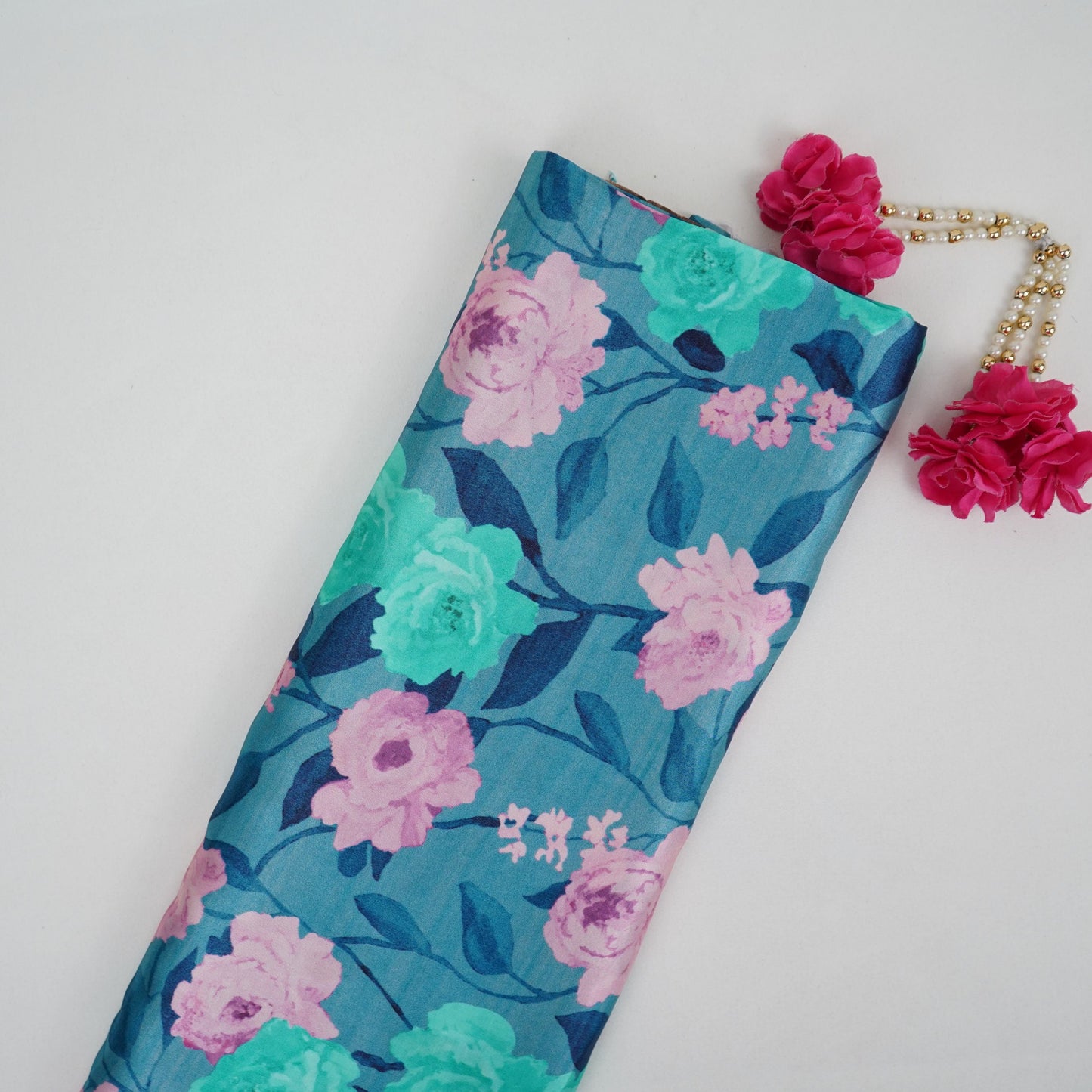 Teal Blue floral print Bemberg Modal Silk Fabric KTP-31408