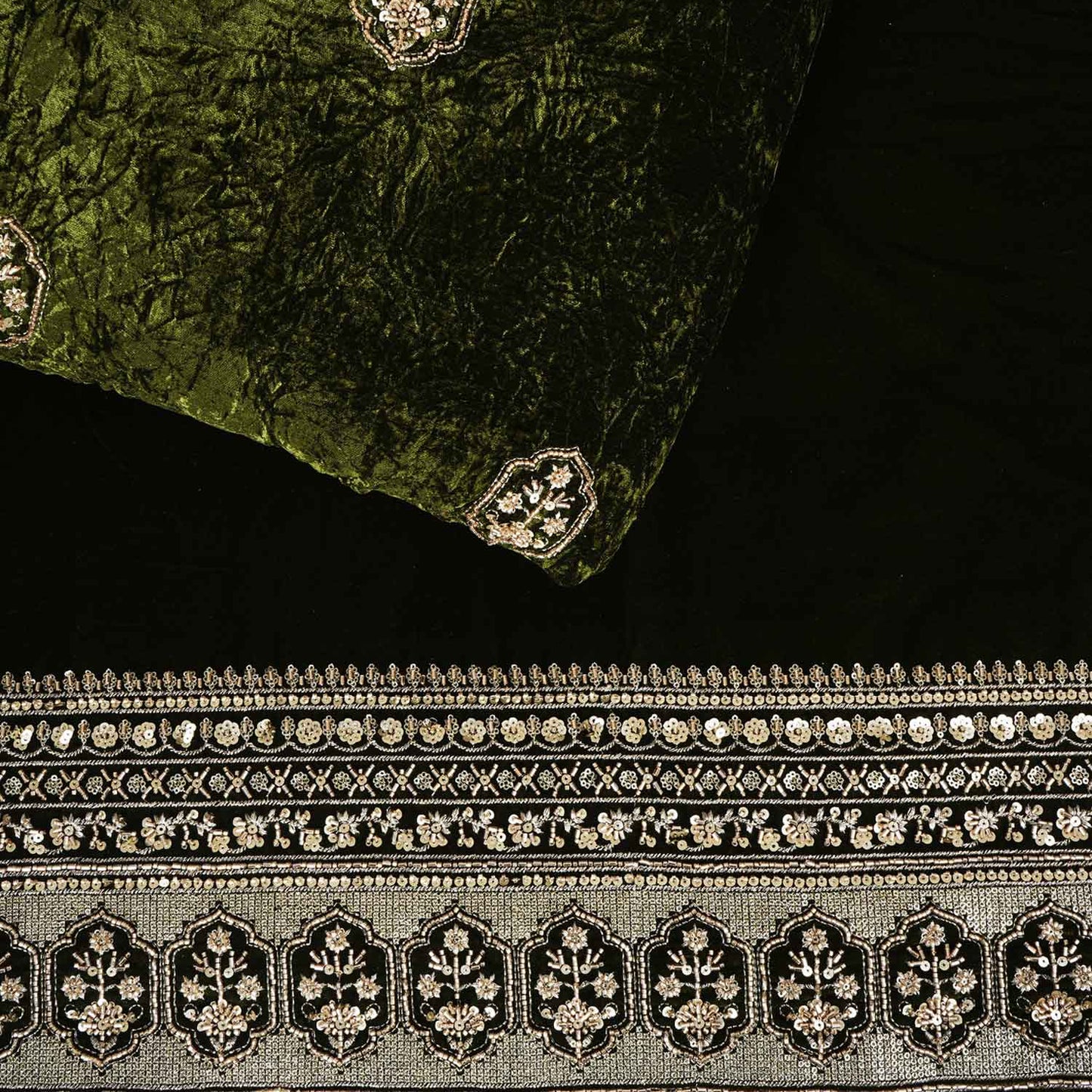 Olive Green Floral Cutdana Crushed Velvet Fabric SC-28301