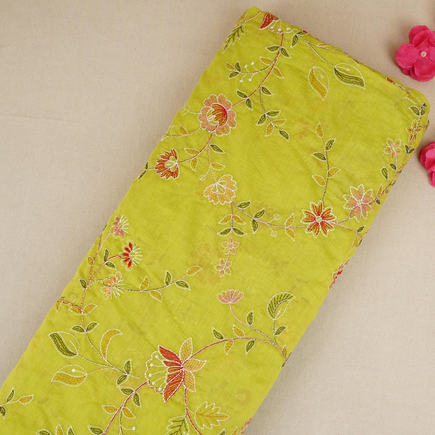 Parrot Green Mughal embroidery Mul Chanderi Fabric DC-29676