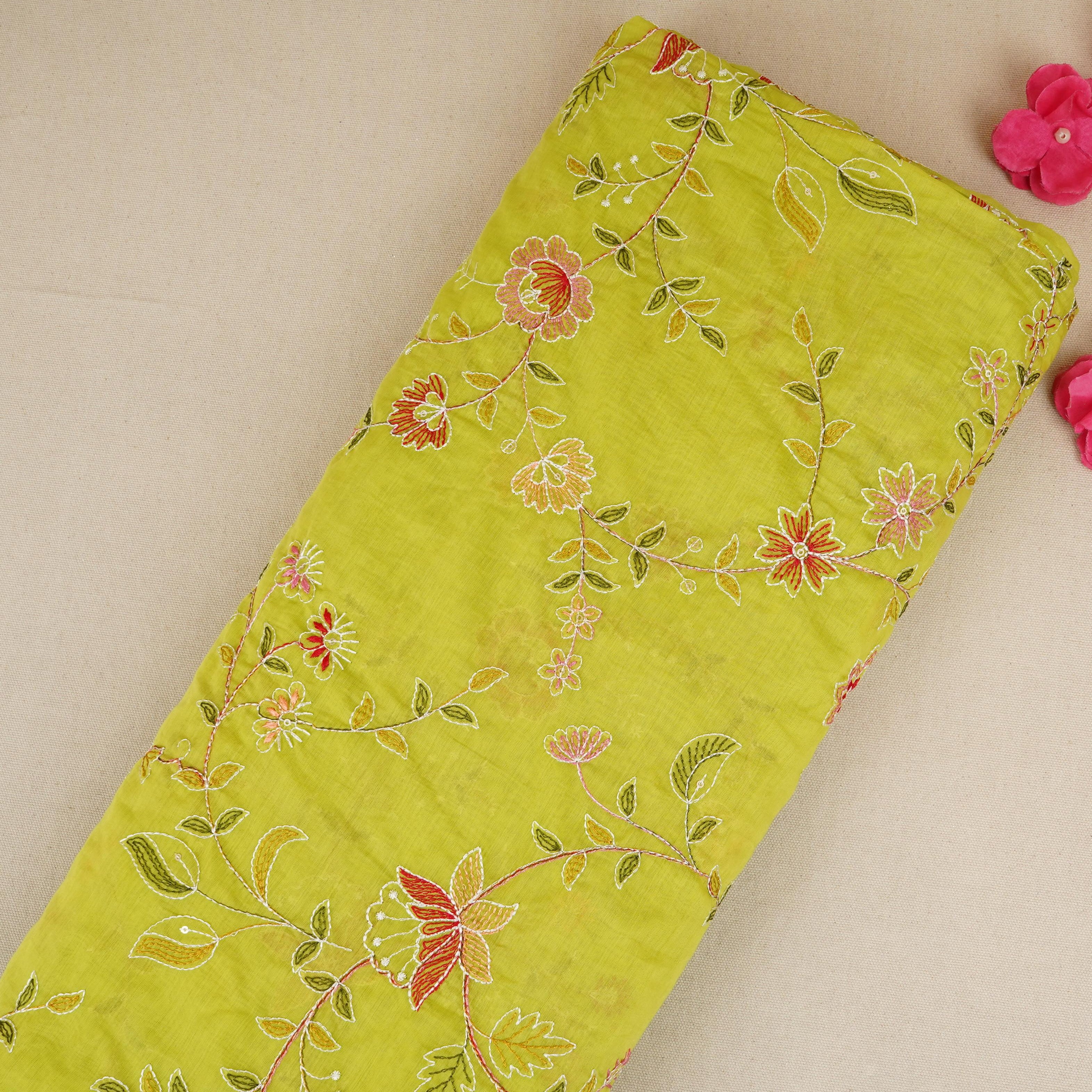 Parrot Green Mughal embroidery Mul Chanderi Fabric DC-29676 - TradeUNO