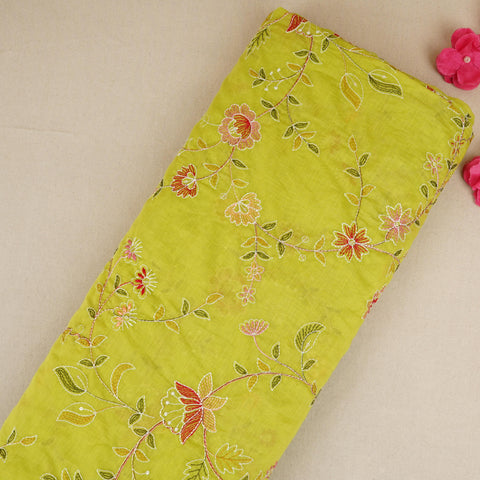 Parrot Green Mughal embroidery Mul Chanderi Fabric DC-29676