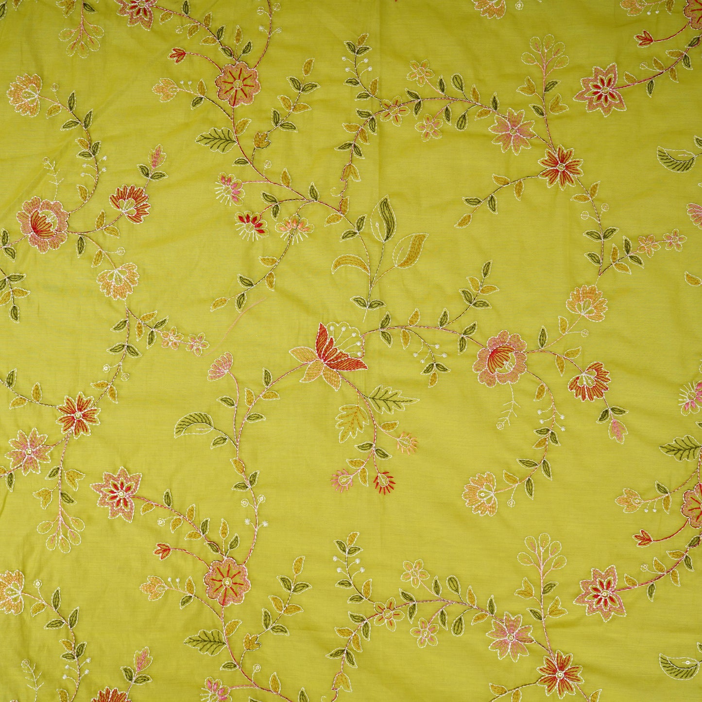 Parrot Green Mughal embroidery Mul Chanderi Fabric DC-29676