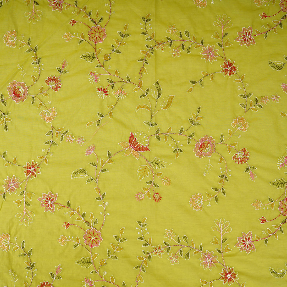 Parrot Green Mughal embroidery Mul Chanderi Fabric DC-29676 - TradeUNO