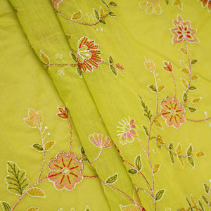 Parrot Green Mughal embroidery Mul Chanderi Fabric DC-29676 - TradeUNO