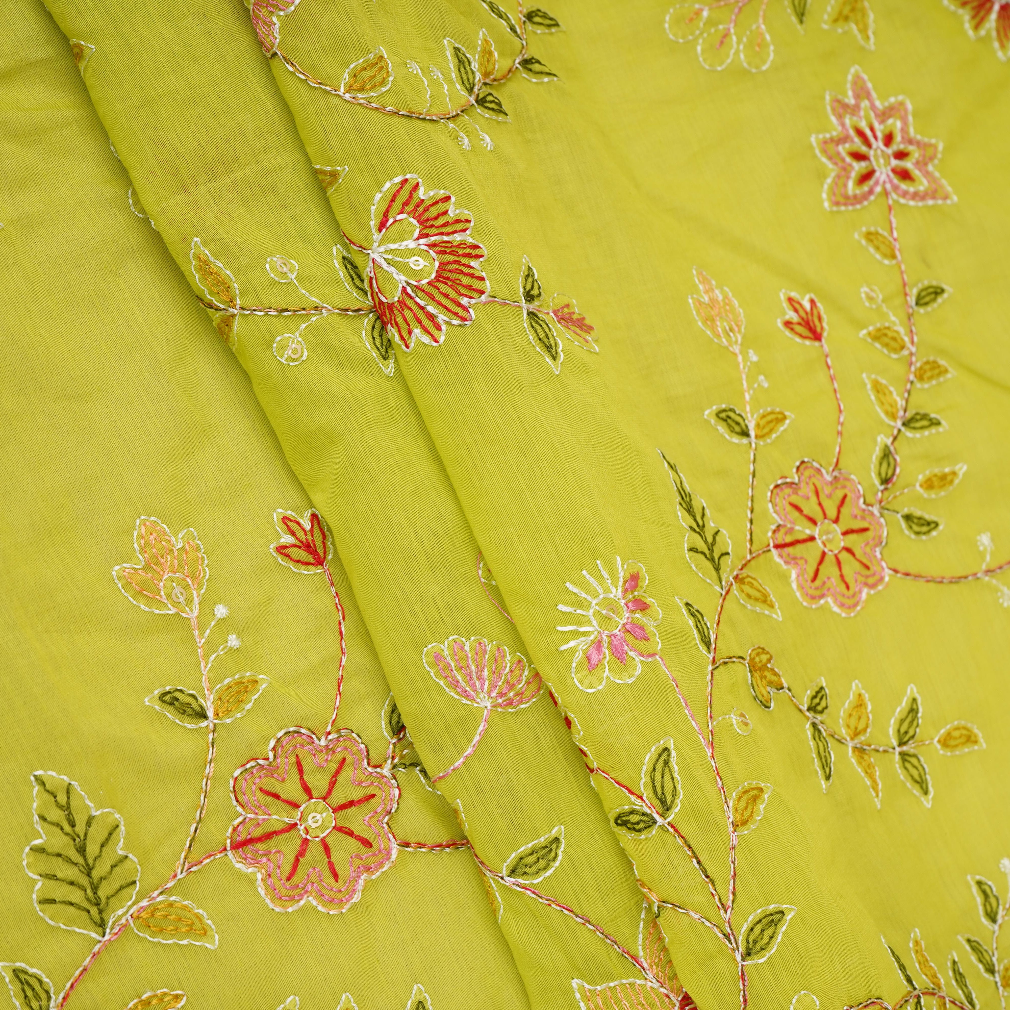 Parrot Green Mughal embroidery Mul Chanderi Fabric DC-29676 - TradeUNO