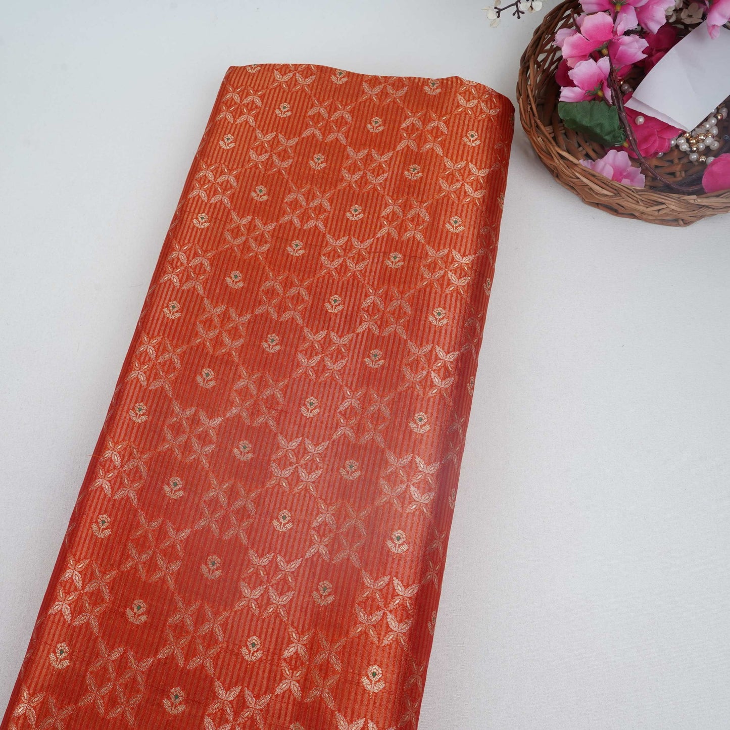 Orange Jaal Dupion Silk Tissue Fabric YHF-32857