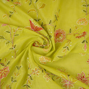 Parrot Green Mughal embroidery Mul Chanderi Fabric DC-29676 - TradeUNO
