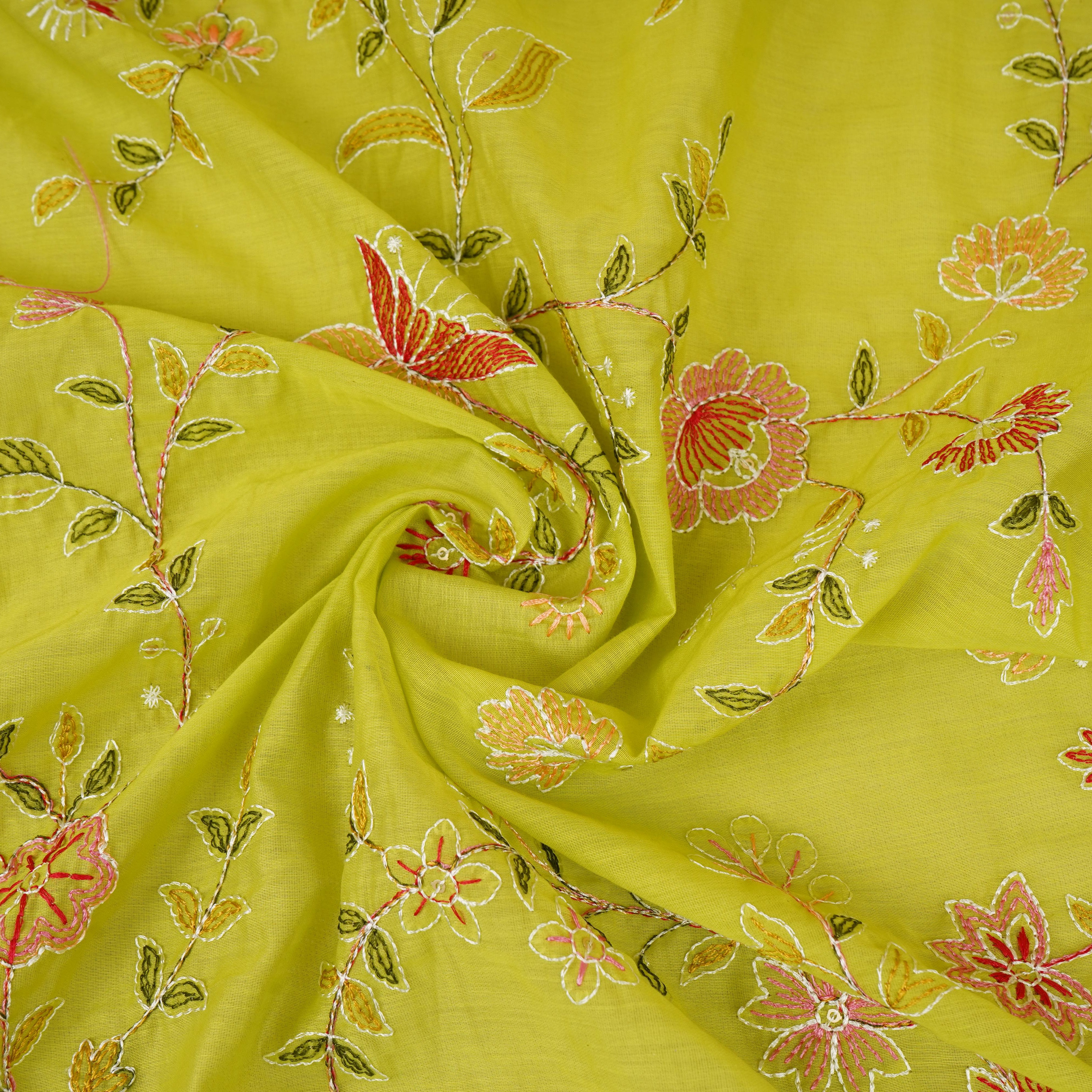 Parrot Green Mughal embroidery Mul Chanderi Fabric DC-29676 - TradeUNO