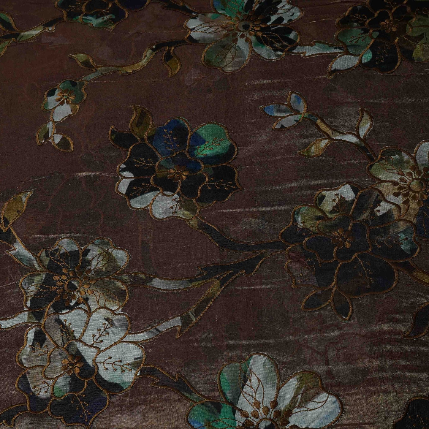 Chocolate Brown Applique Work Tissue Fabric YHF-32815