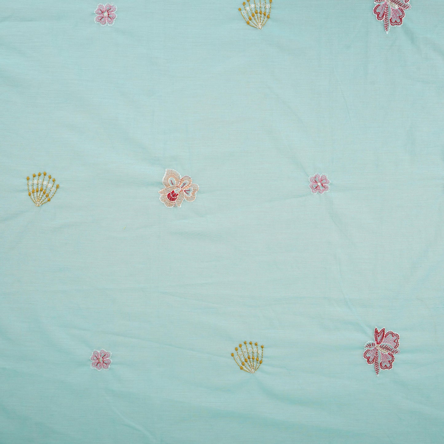 Sky Blue floral embroidery Mul Chanderi Fabric DC-29681