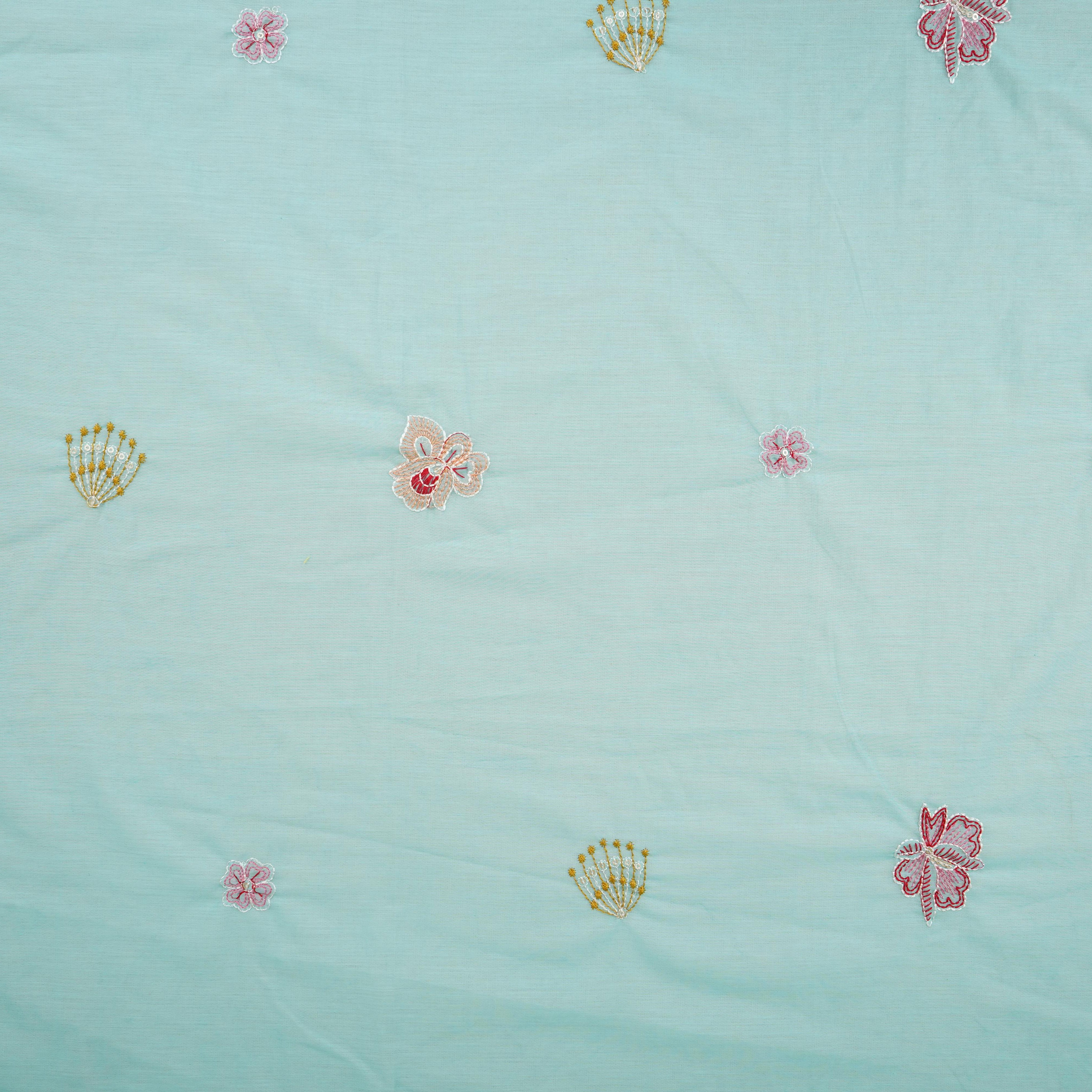 Sky Blue floral embroidery Mul Chanderi Fabric DC-29681 - TradeUNO