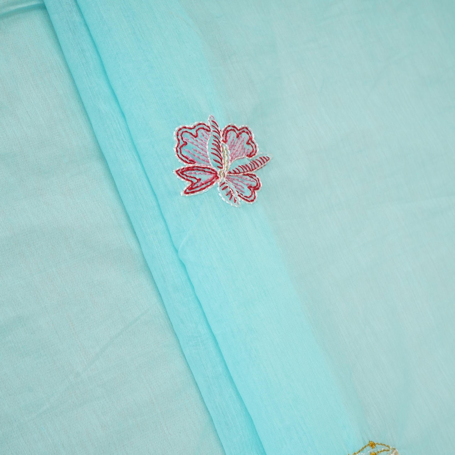 Sky Blue floral embroidery Mul Chanderi Fabric DC-29681